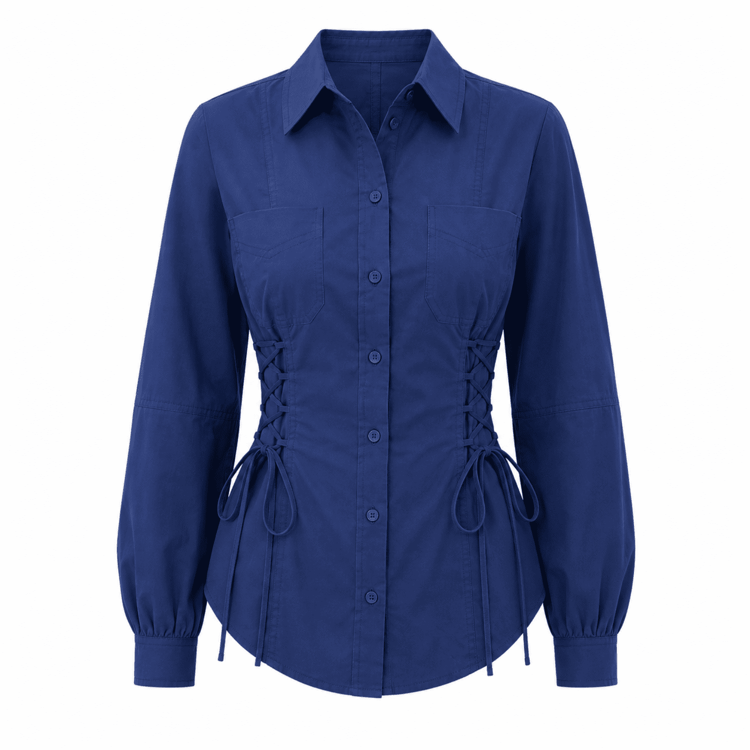 Arcene Fitted Waist Balloon Sleeve Shirt -Navy