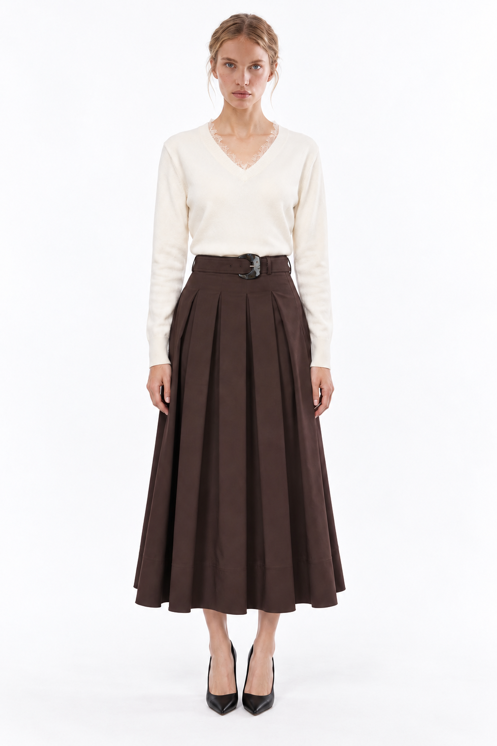 Pleated Midi Skirt with Zipper and Belt - BROWN