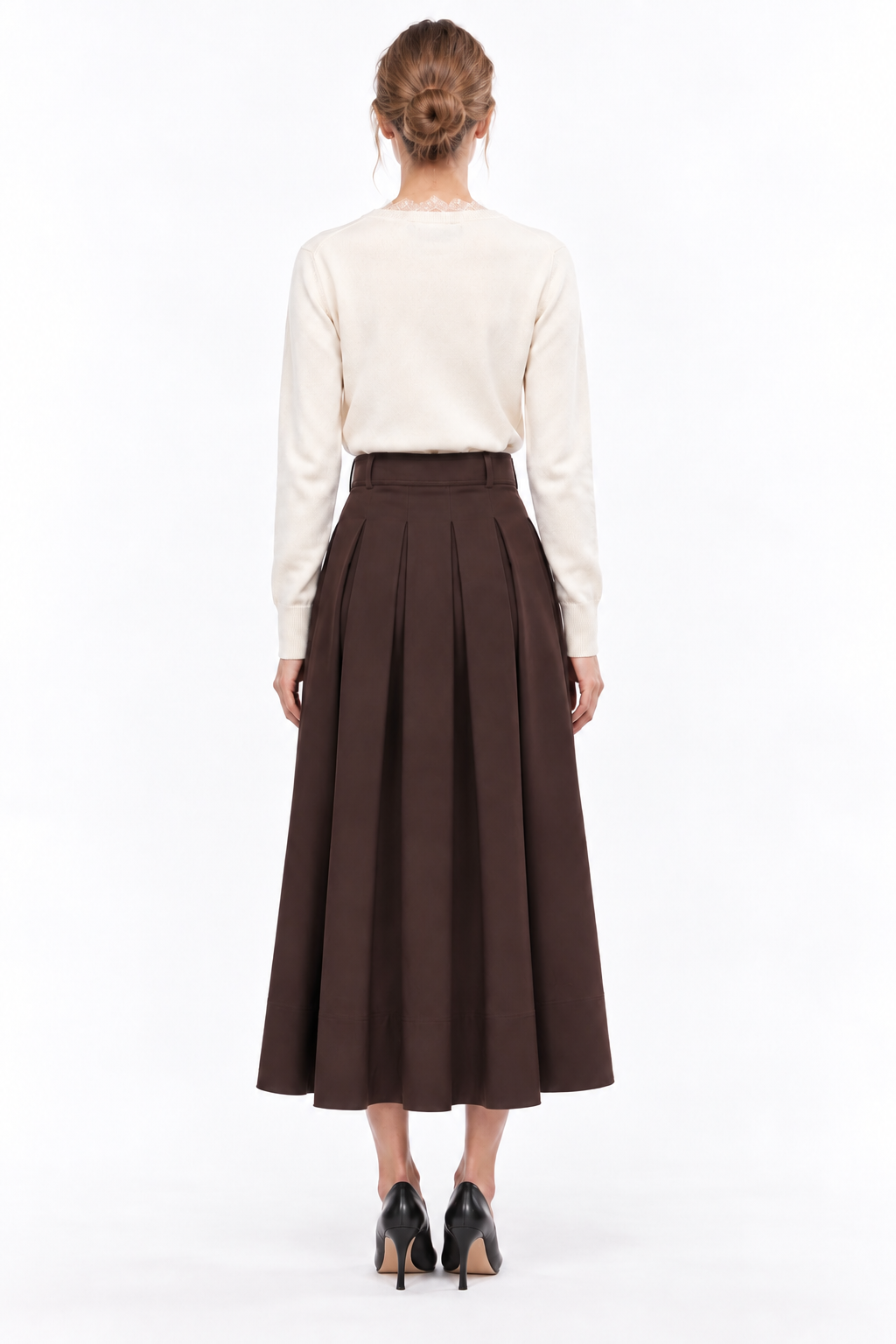 Pleated Midi Skirt with Zipper and Belt - BROWN