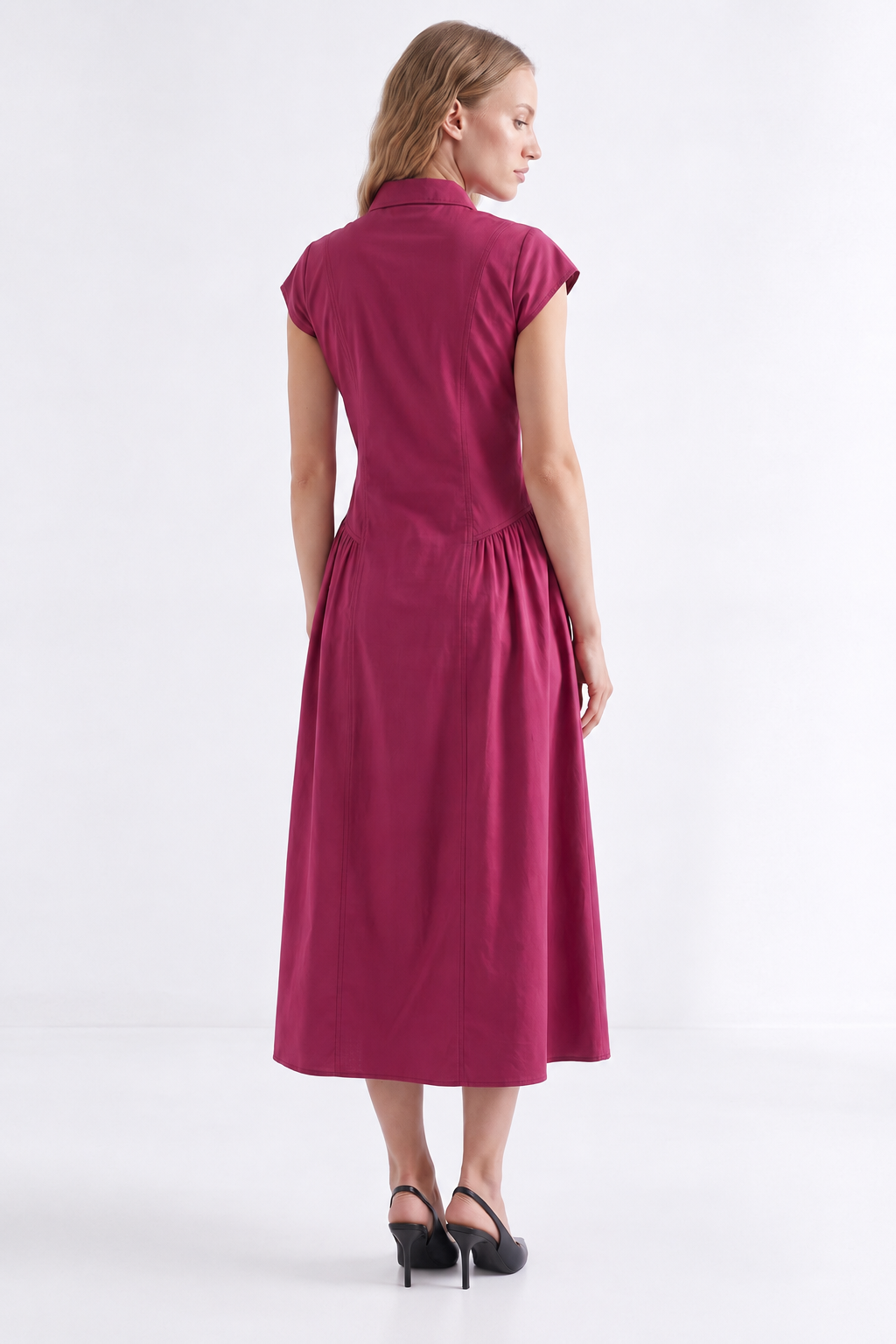Dropped Sleeve Fitted Midi Dress - CHERRY