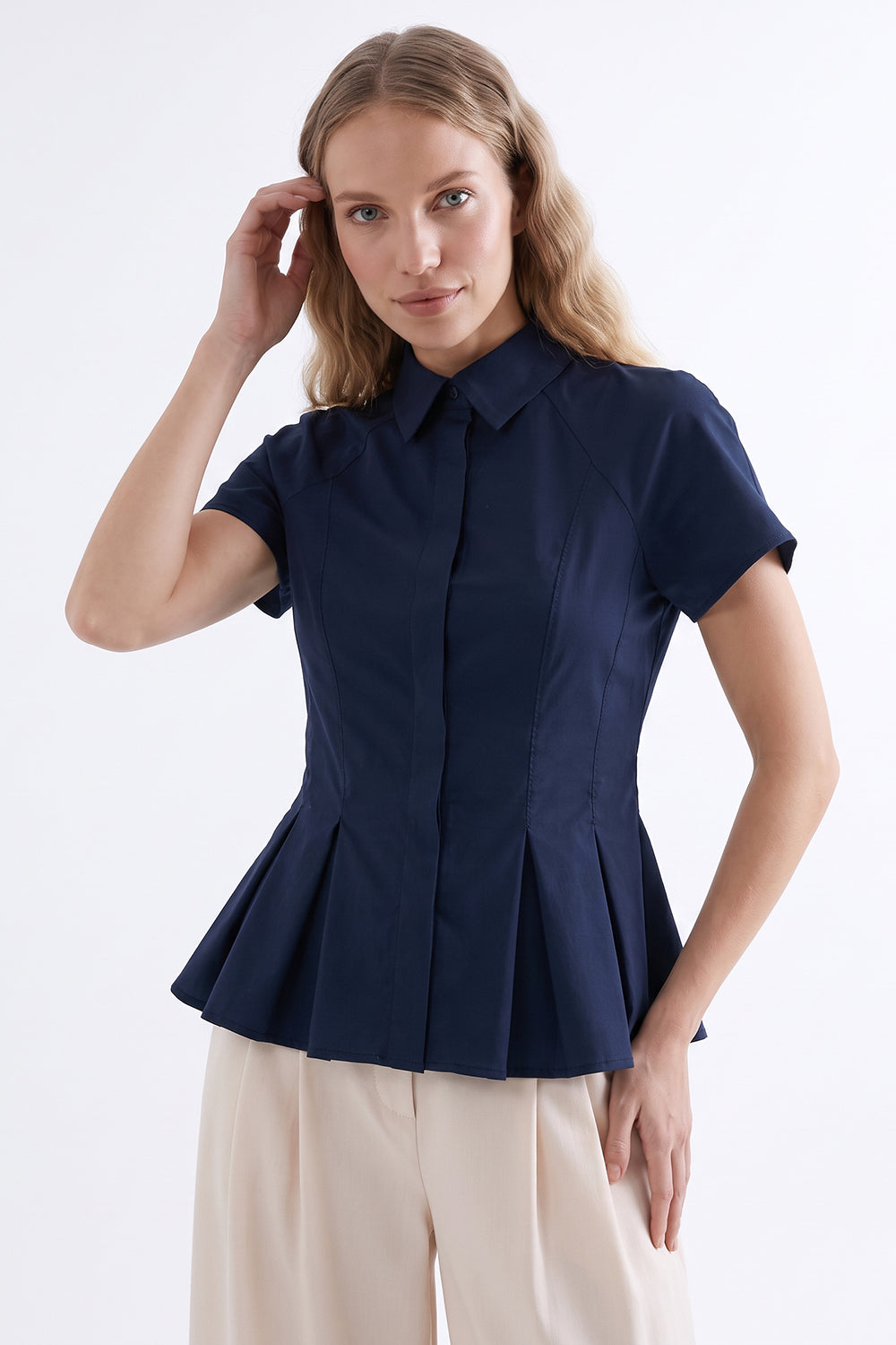Dropped Sleeve Pleated Zigzag Stitch Shirt - NAVY