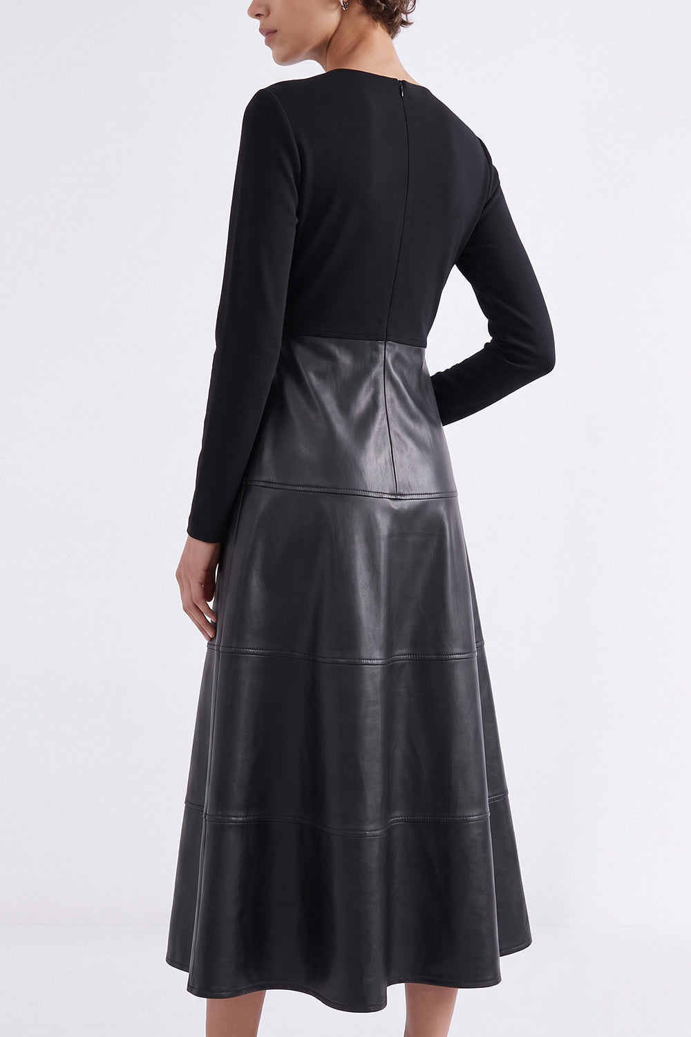Faux Leather Knit Trim Zip-Up Dress - BLACK