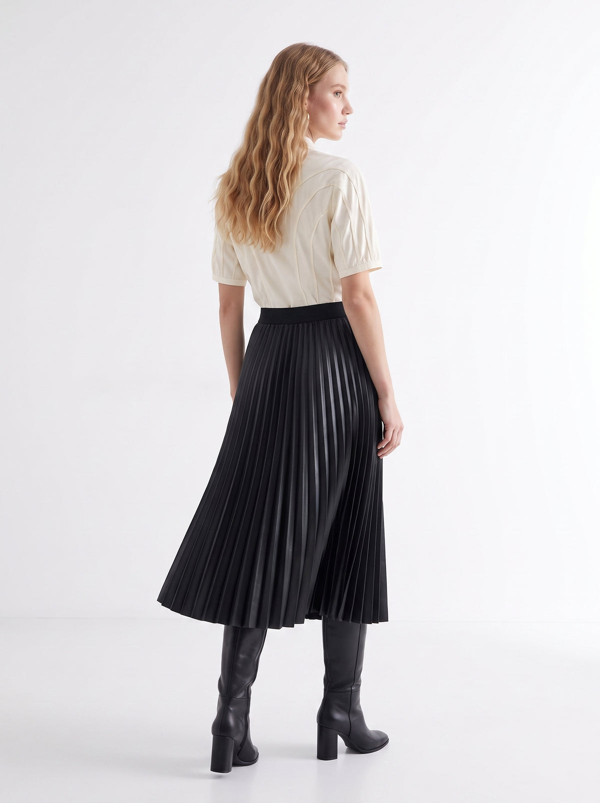 Elastic Waist Faux Leather Pleated Midi Skirt - BLACK