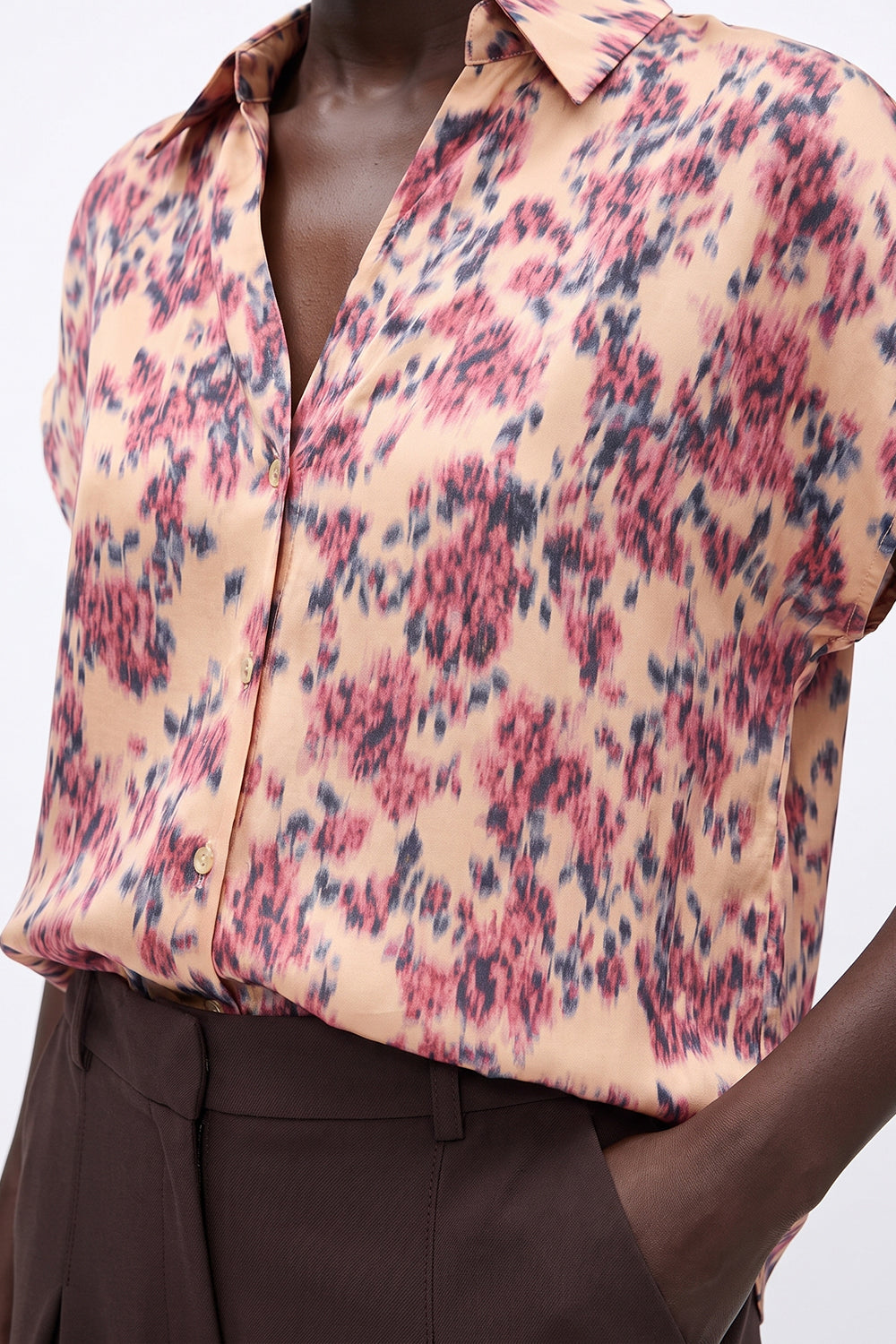 Dropped Sleeve Button-Front Satin Shirt - MULTICOLOR