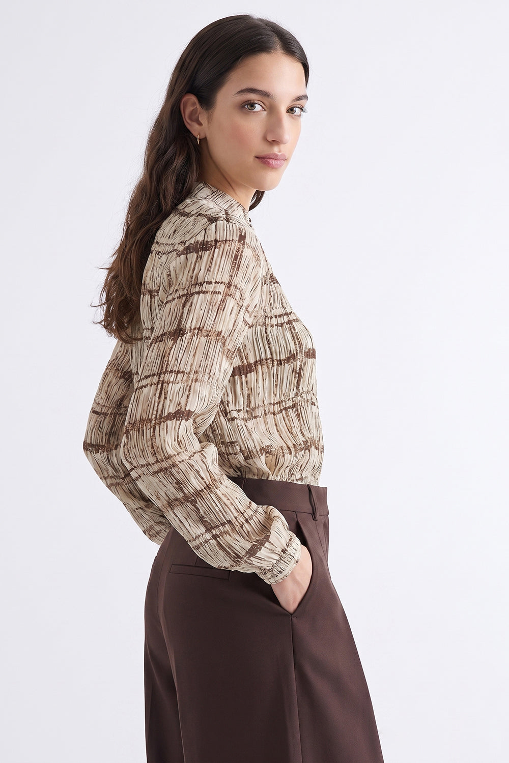Ruched Stand Collar Lined Chiffon Shirt - ECRU BROWN