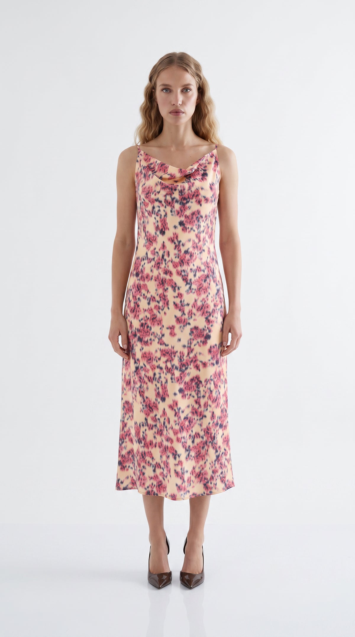 Strappy Cowl Neck Satin Midi Dress - MULTICOLOR