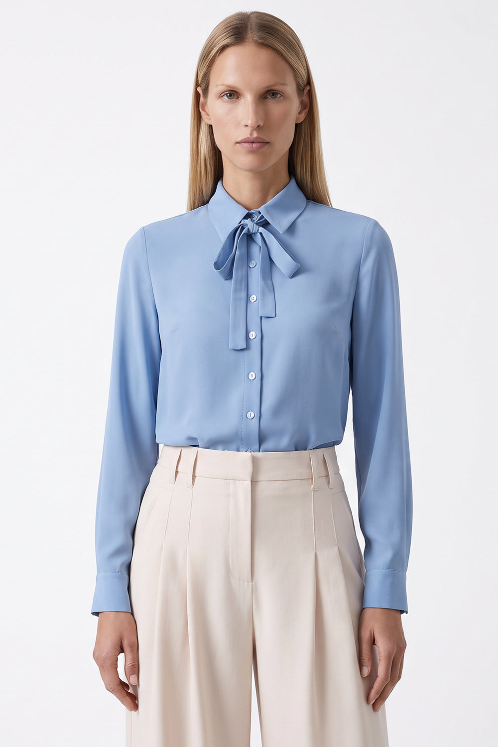 Long Sleeve Tie Neck Shirt with Cuffs - BLUE