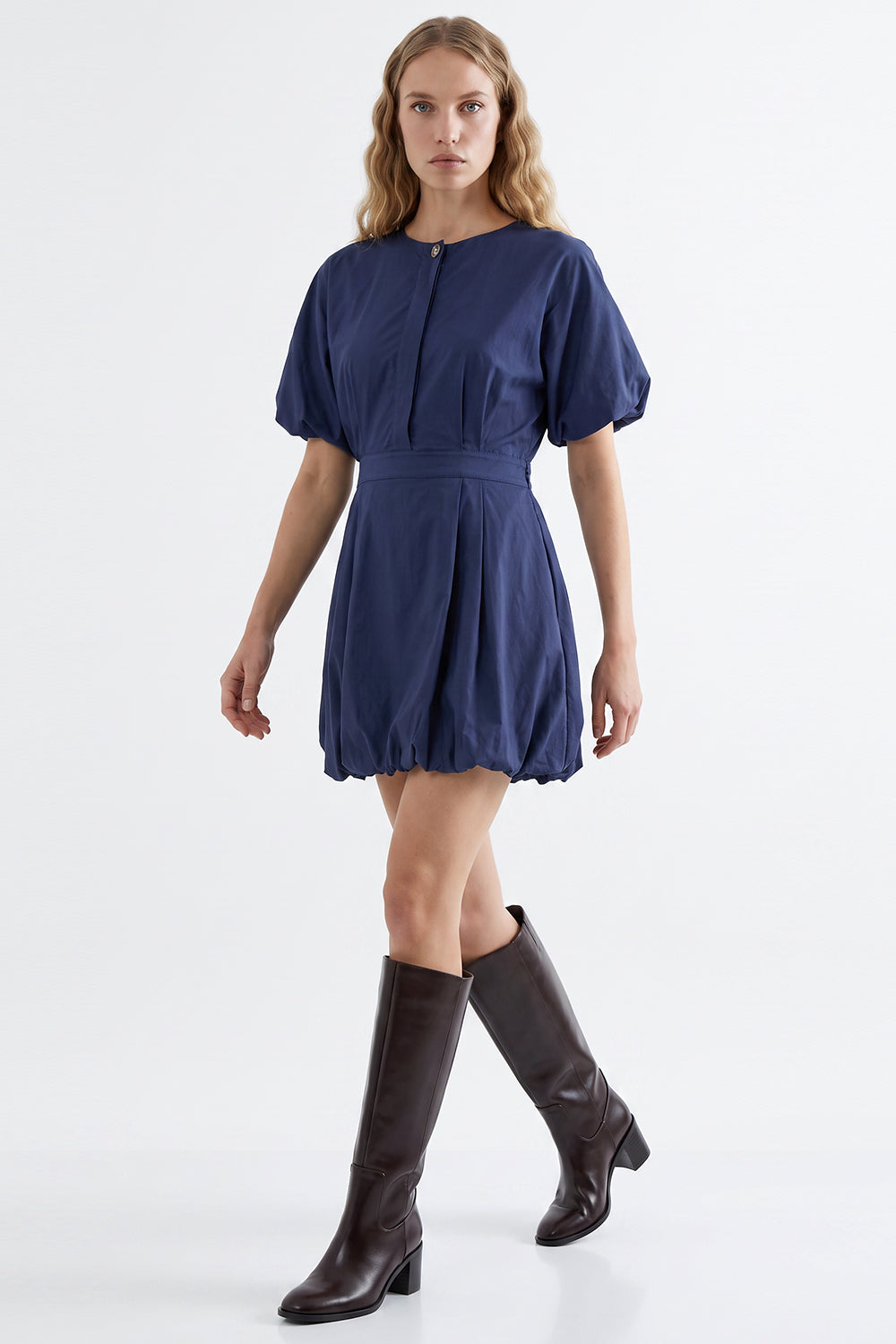 Balloon Sleeve Lined Mini Dress with Elastic Waist - BLUE