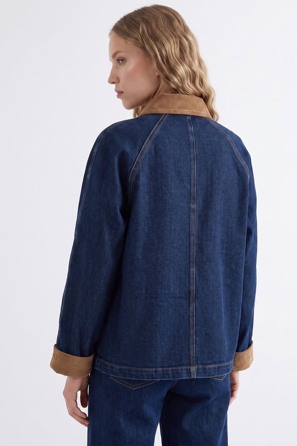 Lined Denim Jacket with Velvet Trim - INDIGO
