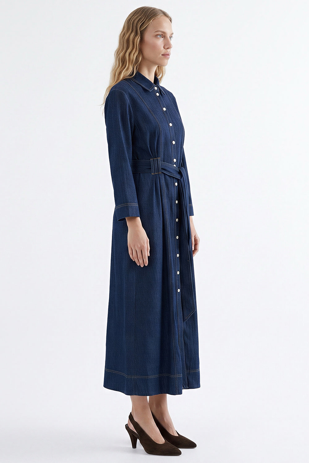 Long Sleeve Belted Denim Midi Shirt Dress - INDIGO