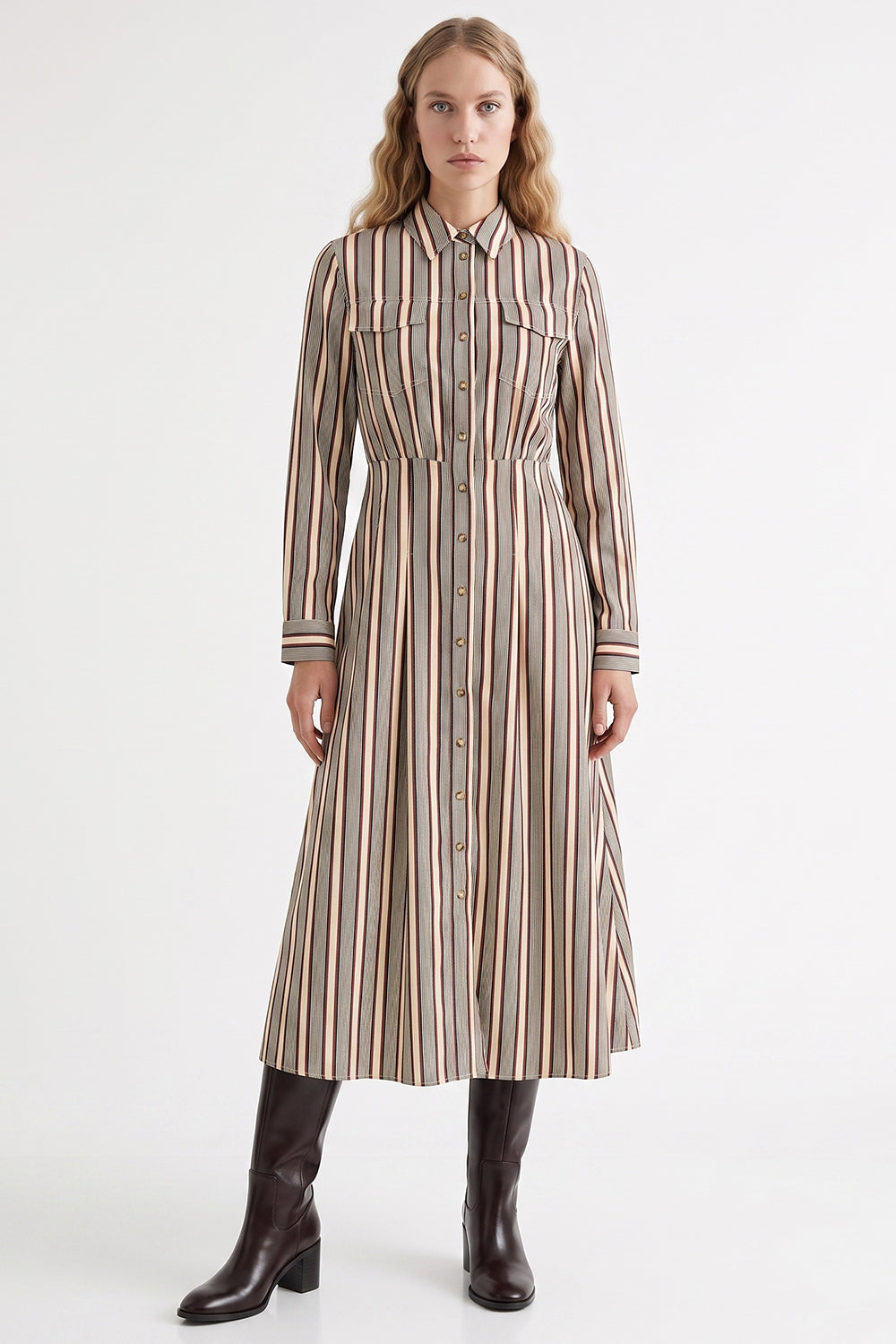 Long Sleeve Pocketed Midi Shirt Dress - MULTICOLOR
