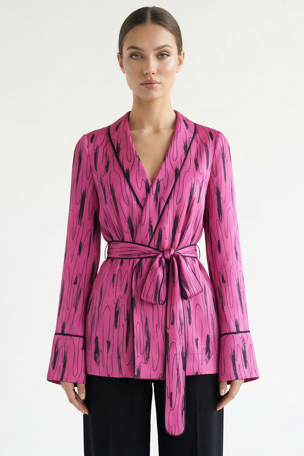 Belted Patterned Jacket - Multicolor