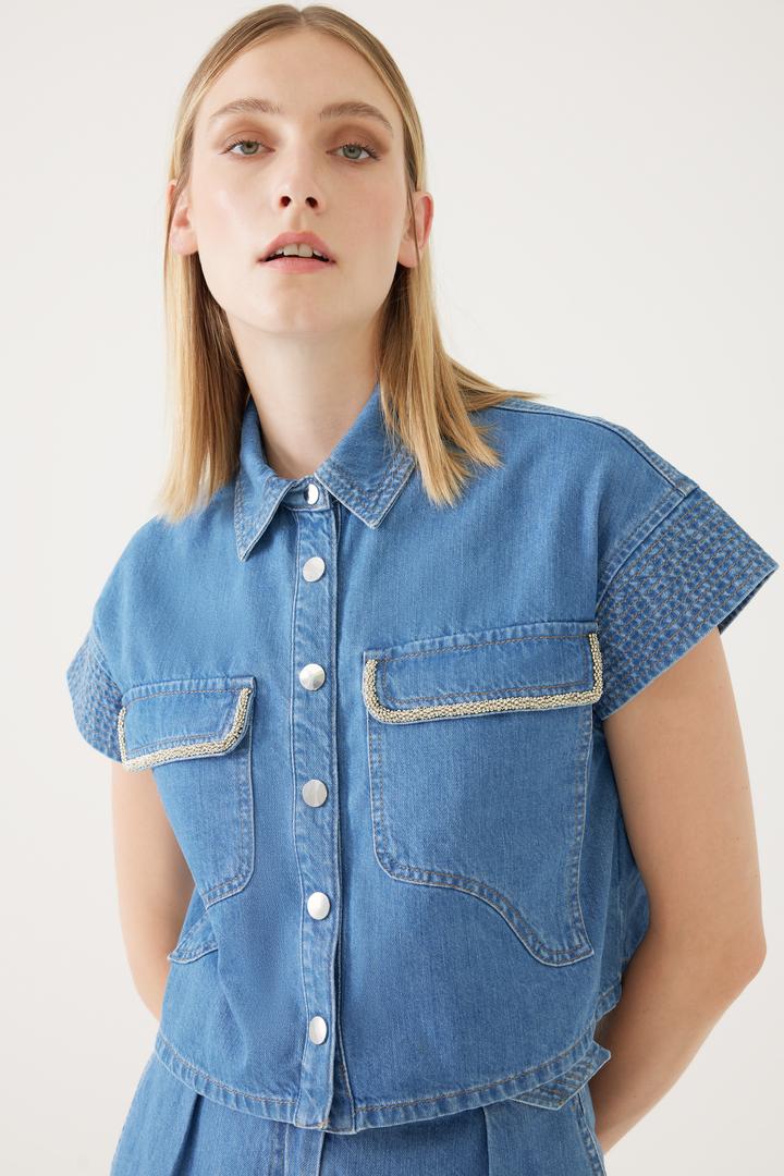 Denim Look Pocketed Shirt - BLUE