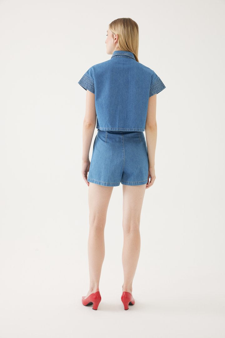 Denim Look Pocketed Shirt - BLUE
