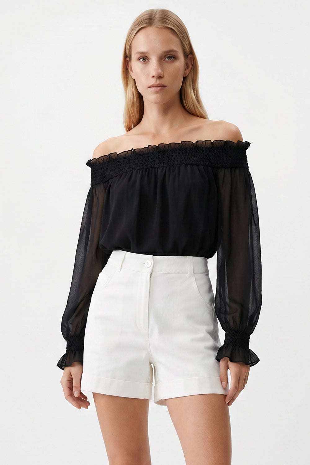 Pocketed Button Front Denim Shorts - ECRU