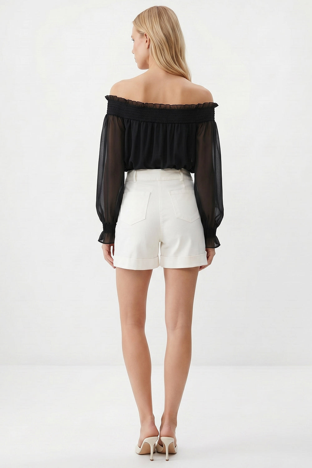 Pocketed Button Front Denim Shorts - ECRU