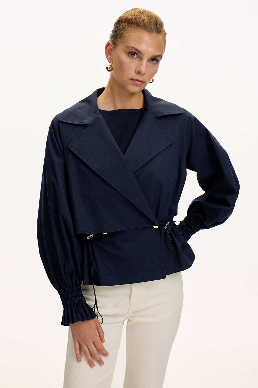 Navy Regular Fit Cotton Jacket with Shirt Collar, Raglan Sleeves, and Lining