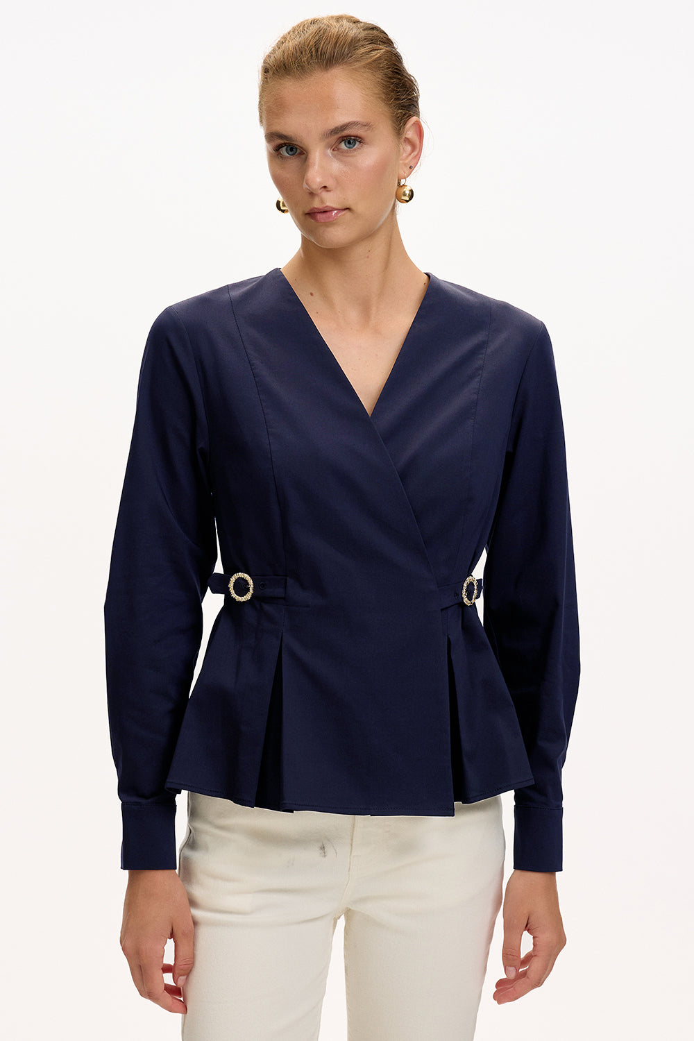 Navy Slim Fit Shirt with Long Sleeves and Wrap Collar