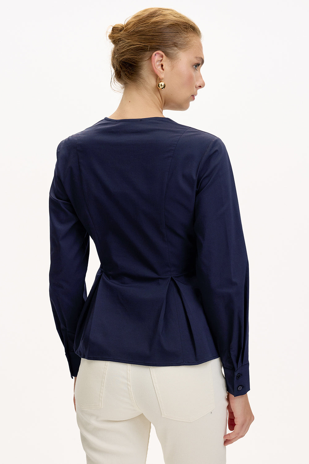 Navy Slim Fit Shirt with Long Sleeves and Wrap Collar