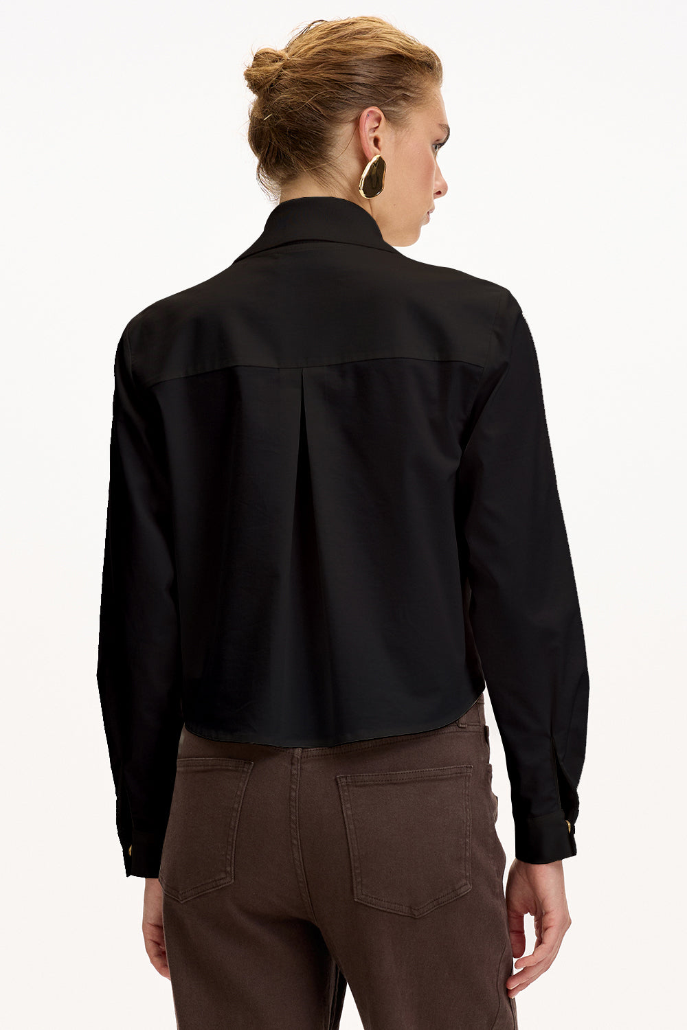 Black Regular Fit Poplin Shirt with Long Sleeves and Knit Panel Details