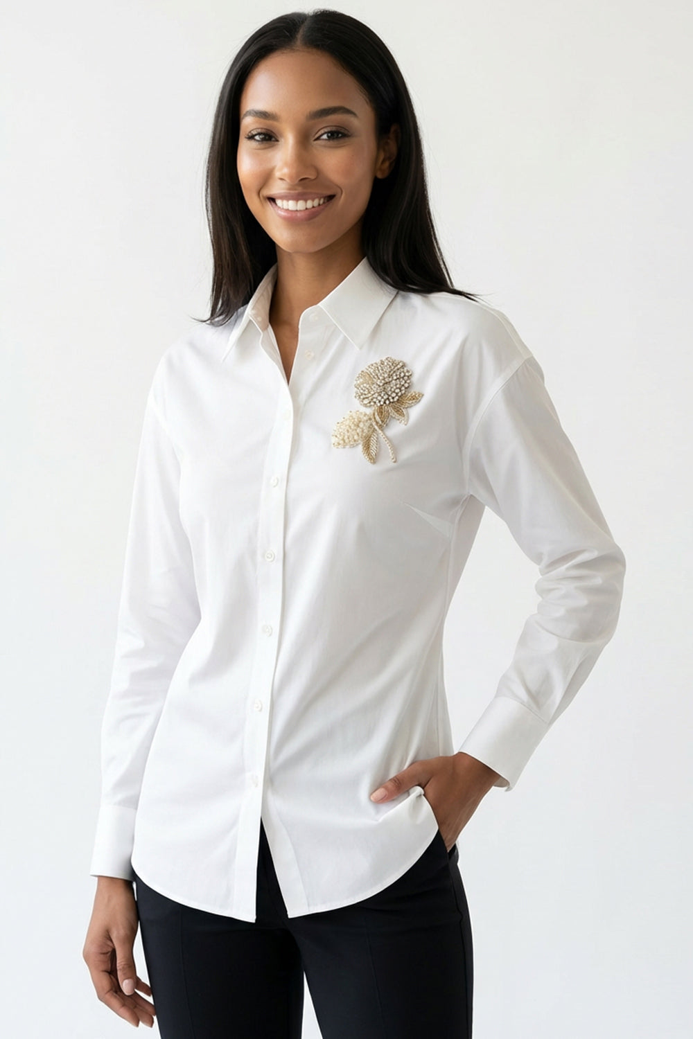 Regular Floral Bead Embellished Shirt - Ecru