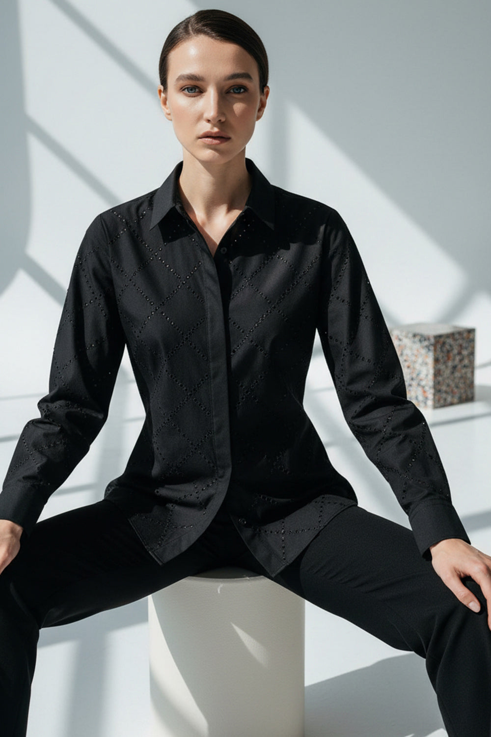 Stone Pattern Pocketless Long Sleeve Regular Fit Cotton Shirt