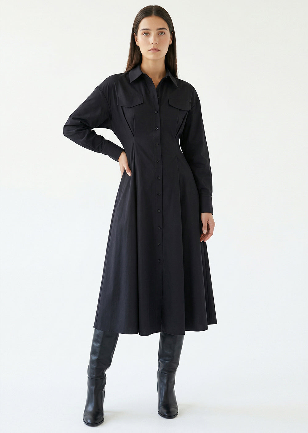 Black Slim Fit Midi Dress with Shirt Collar and Long Sleeves