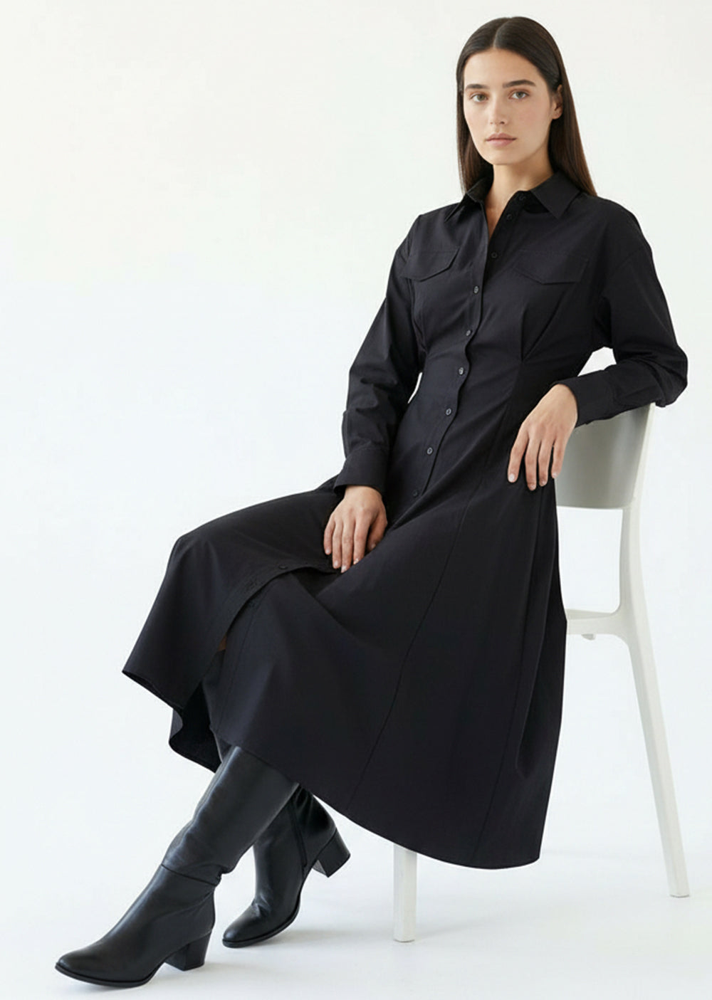 Black Slim Fit Midi Dress with Shirt Collar and Long Sleeves