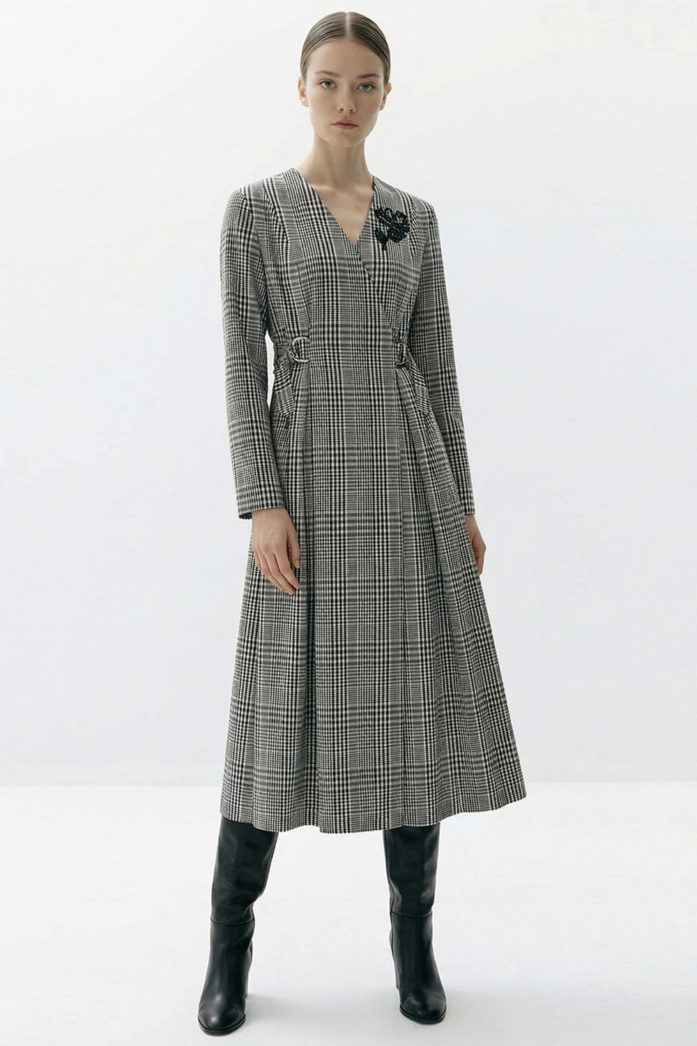 Regular Notched Lapel 3/4 Sleeve Dress - Black