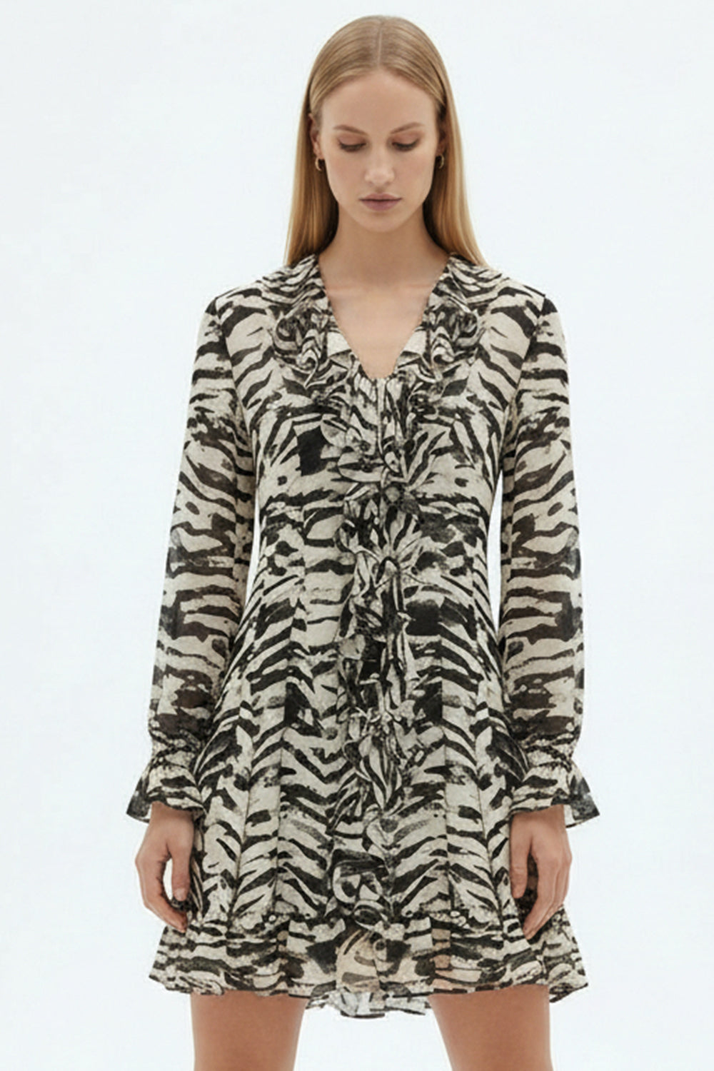 Long Sleeve Ruffle Detailed Zebra Print Woven Mini Dress