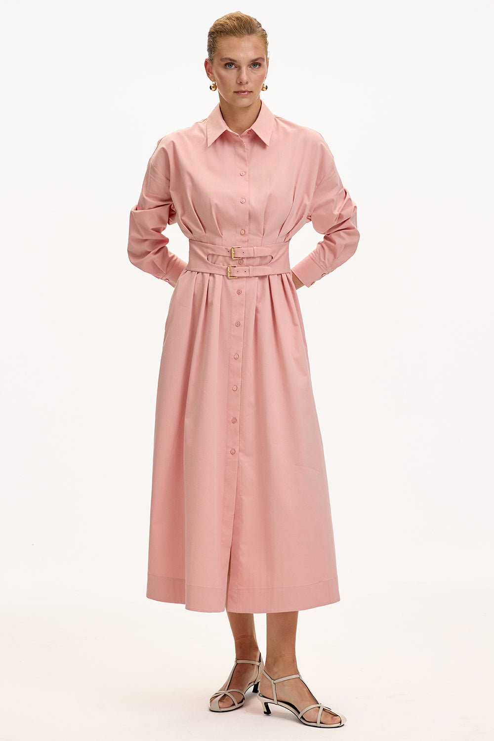 Pink Regular Fit Midi Shirt Dress with Fitted Waist and Belt Detail