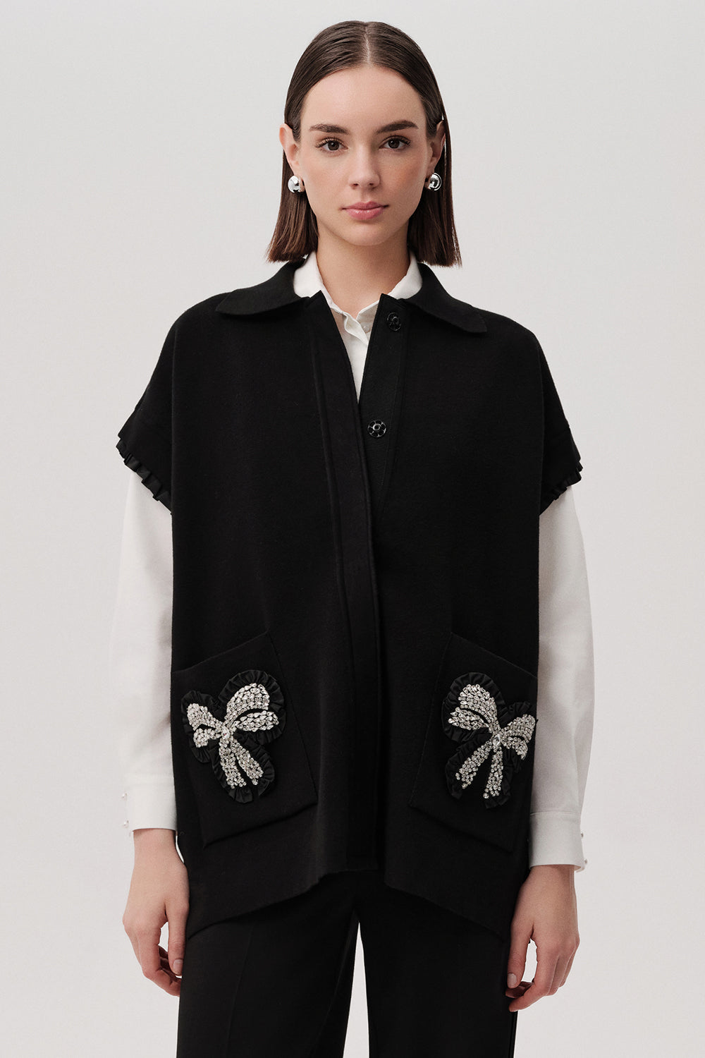 Stone Pocket Detail Collar Knit Vest - Black