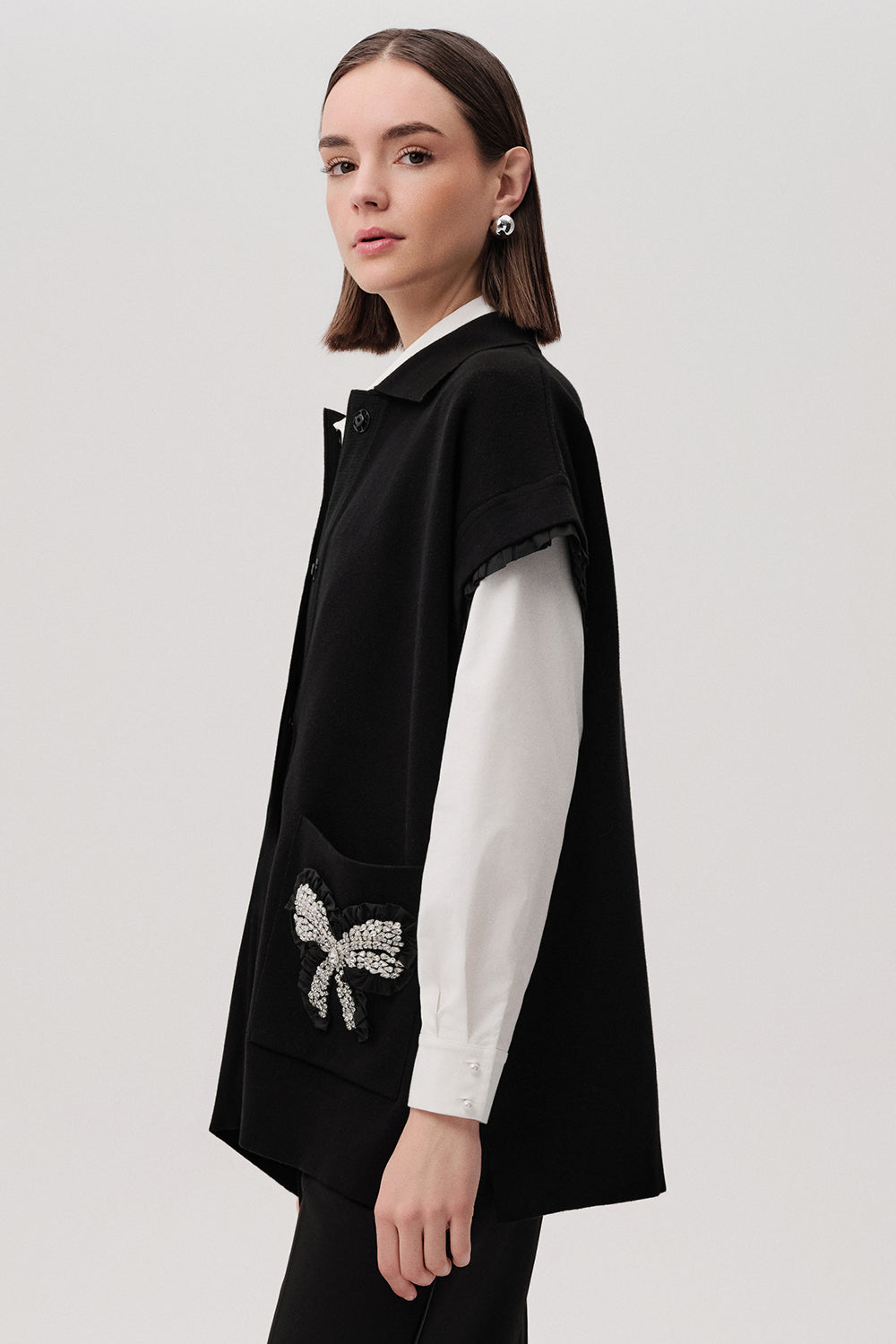 Stone Pocket Detail Collar Knit Vest - Black