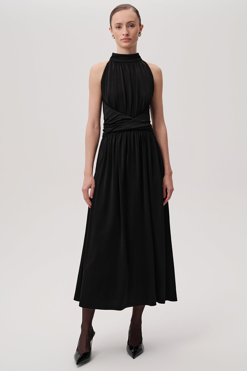 Pleated Knit Dress with Halter Neck - Black