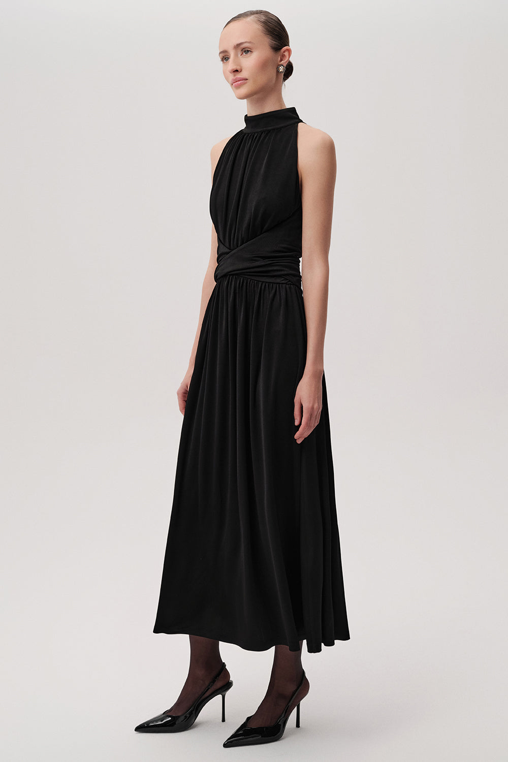 Pleated Knit Dress with Halter Neck - Black