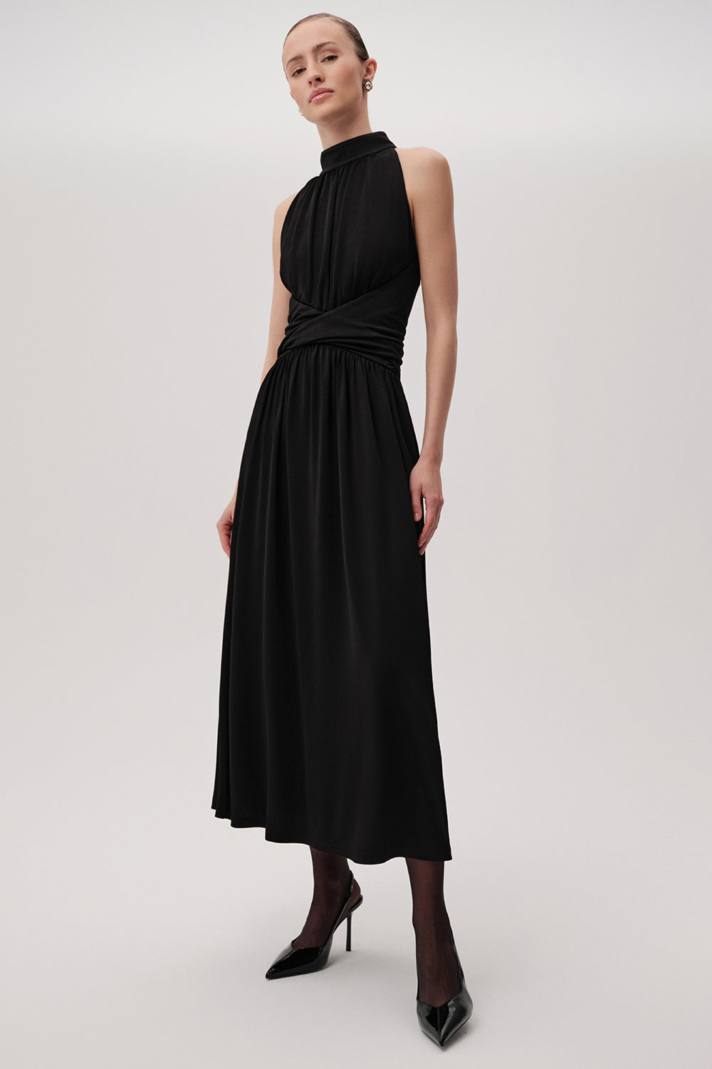 Pleated Knit Dress with Halter Neck - Black