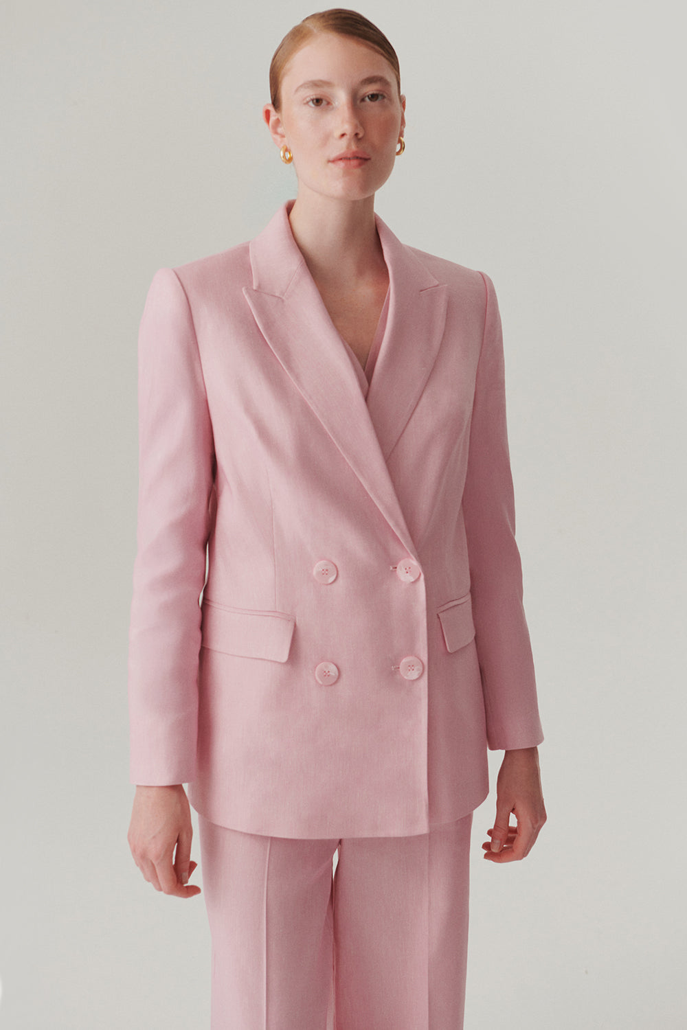 Pink Linen Regular Fit Blazer with Shawl Collar