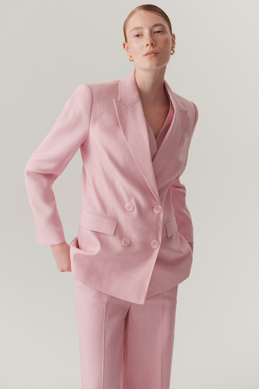 Pink Linen Regular Fit Blazer with Shawl Collar