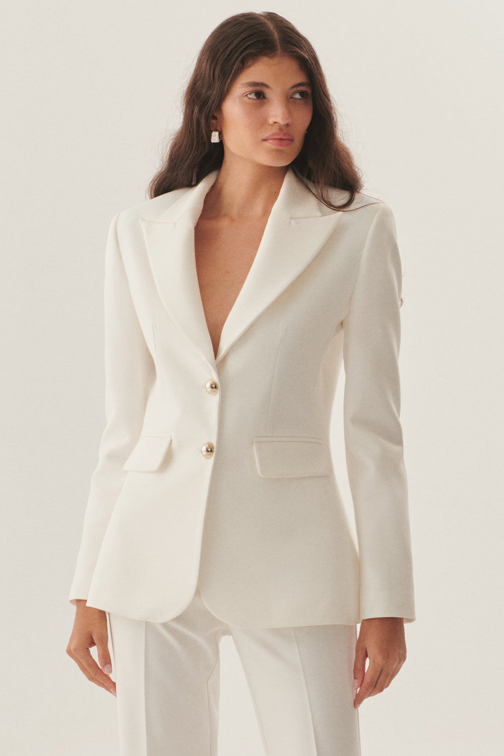 Double-Breasted Waist-Fitted White Blazer