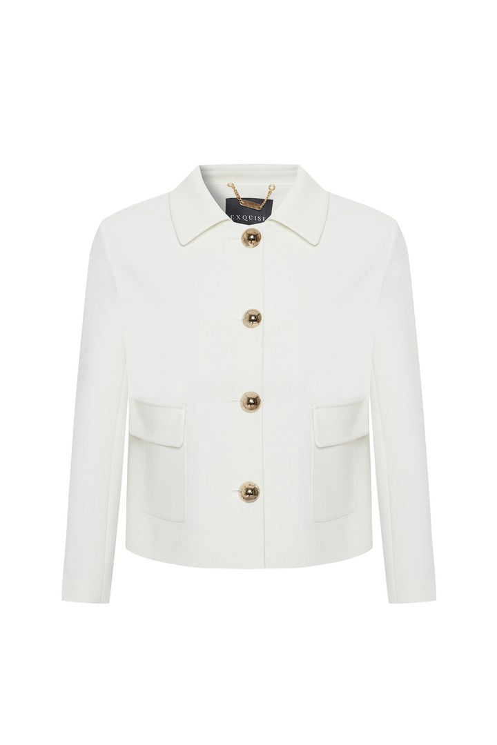 Collared Pocketed Regular Fit Short White Jacket