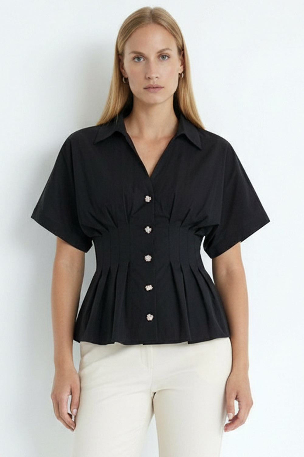 Pleated Waist Button-Up Blouse