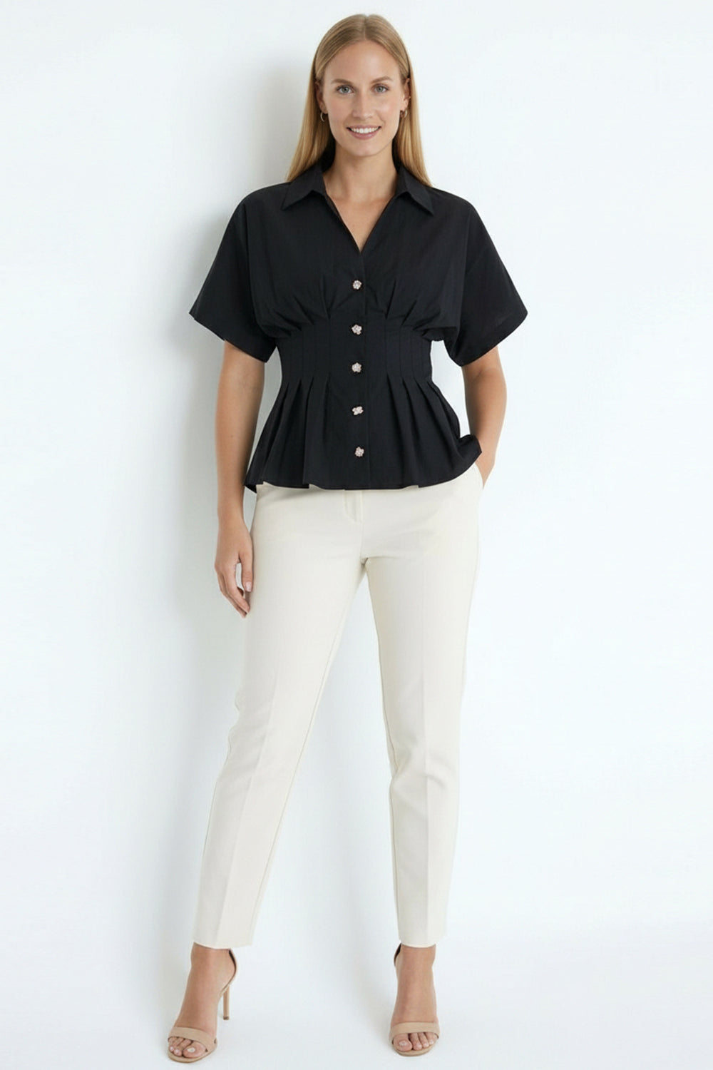 Pleated Waist Button-Up Blouse