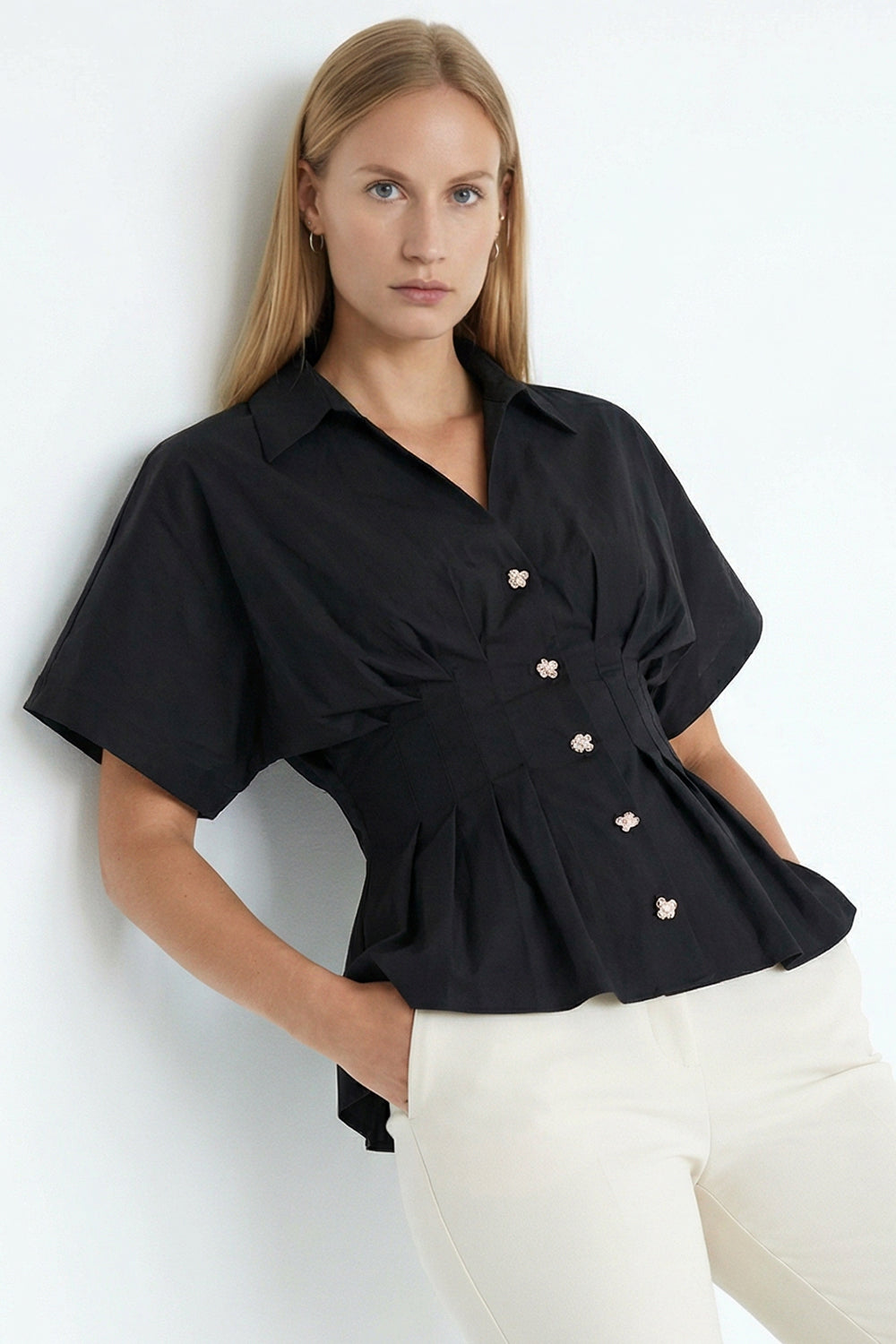 Pleated Waist Button-Up Blouse