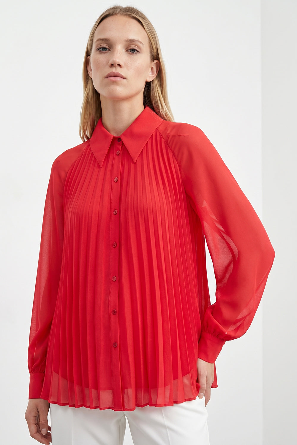 Keyla Long Sleeve Shirt with Buttoned Cuffs - Red