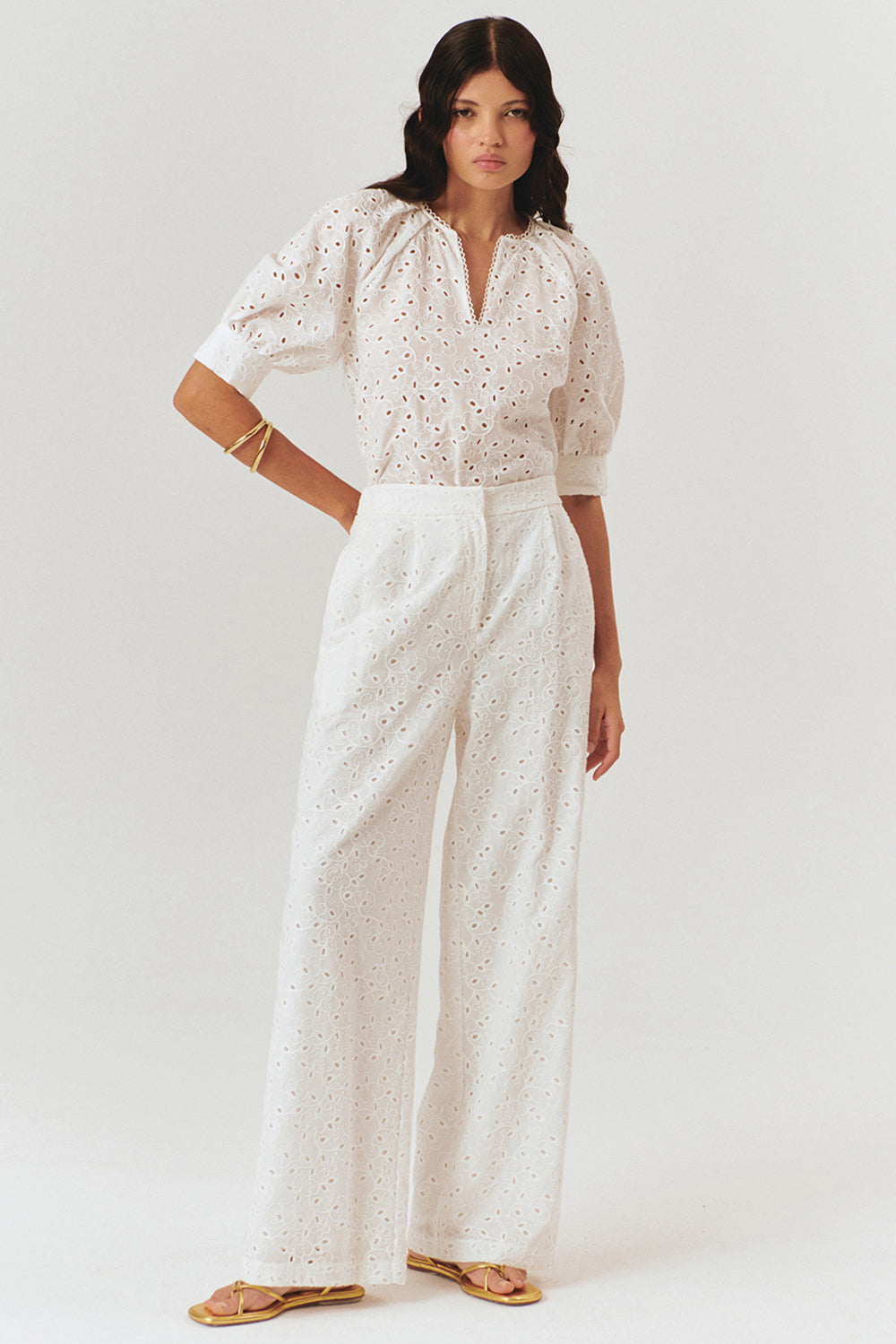 Broderie Anglaise Fabric Loose Fit Pants - Ecru