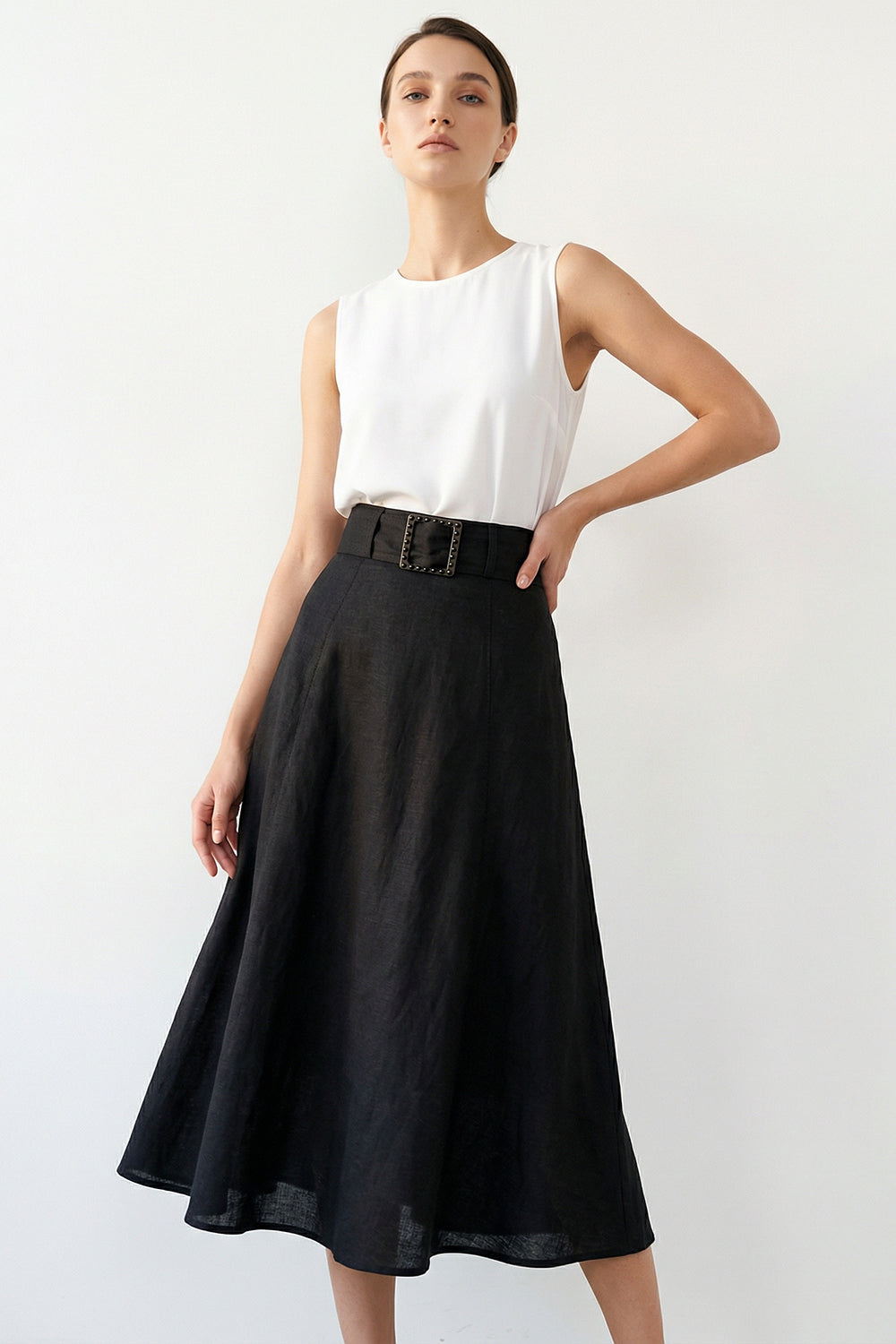 Pure Linen Fabric Belted Midi Black Flared Skirt
