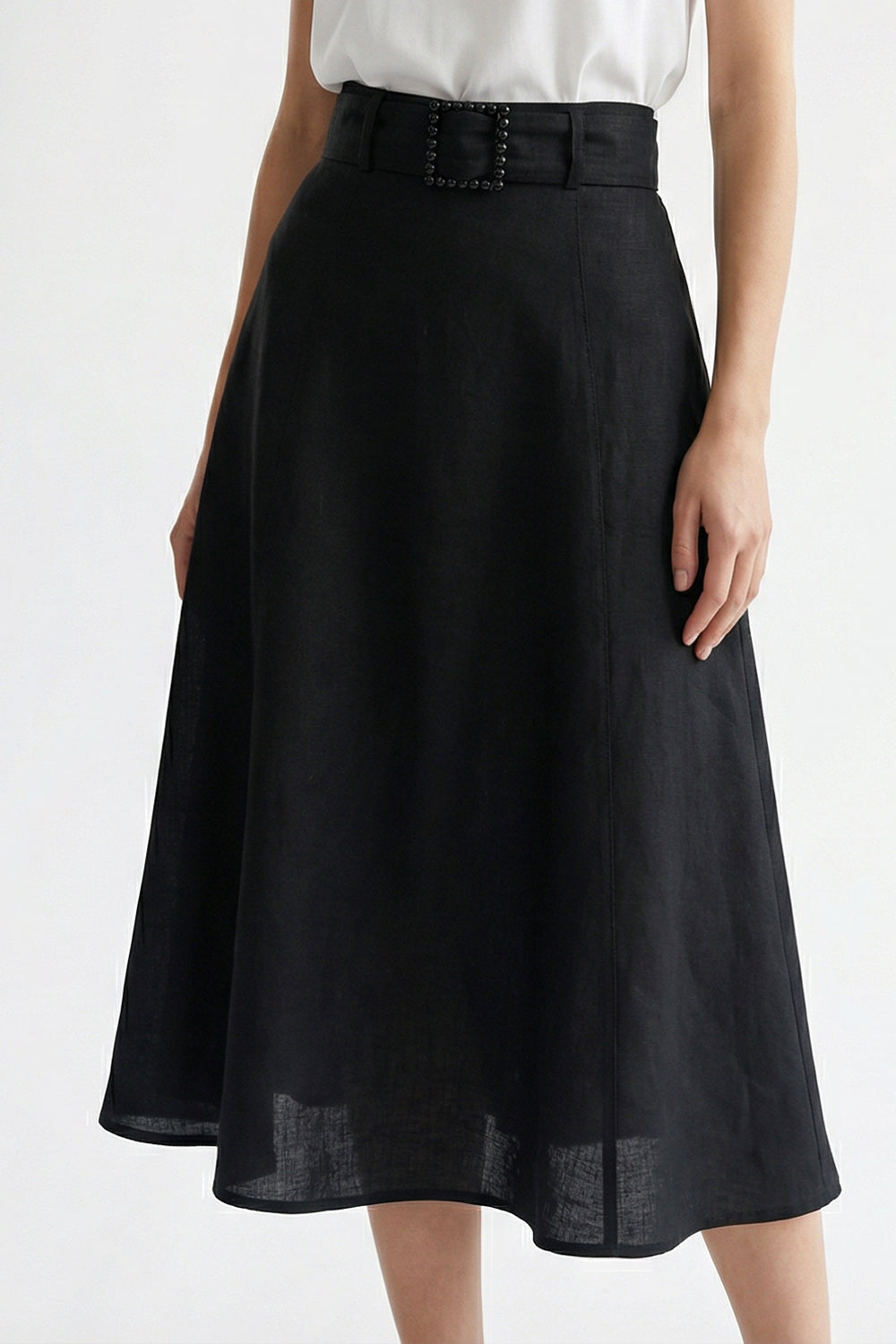 Pure Linen Fabric Belted Midi Black Flared Skirt