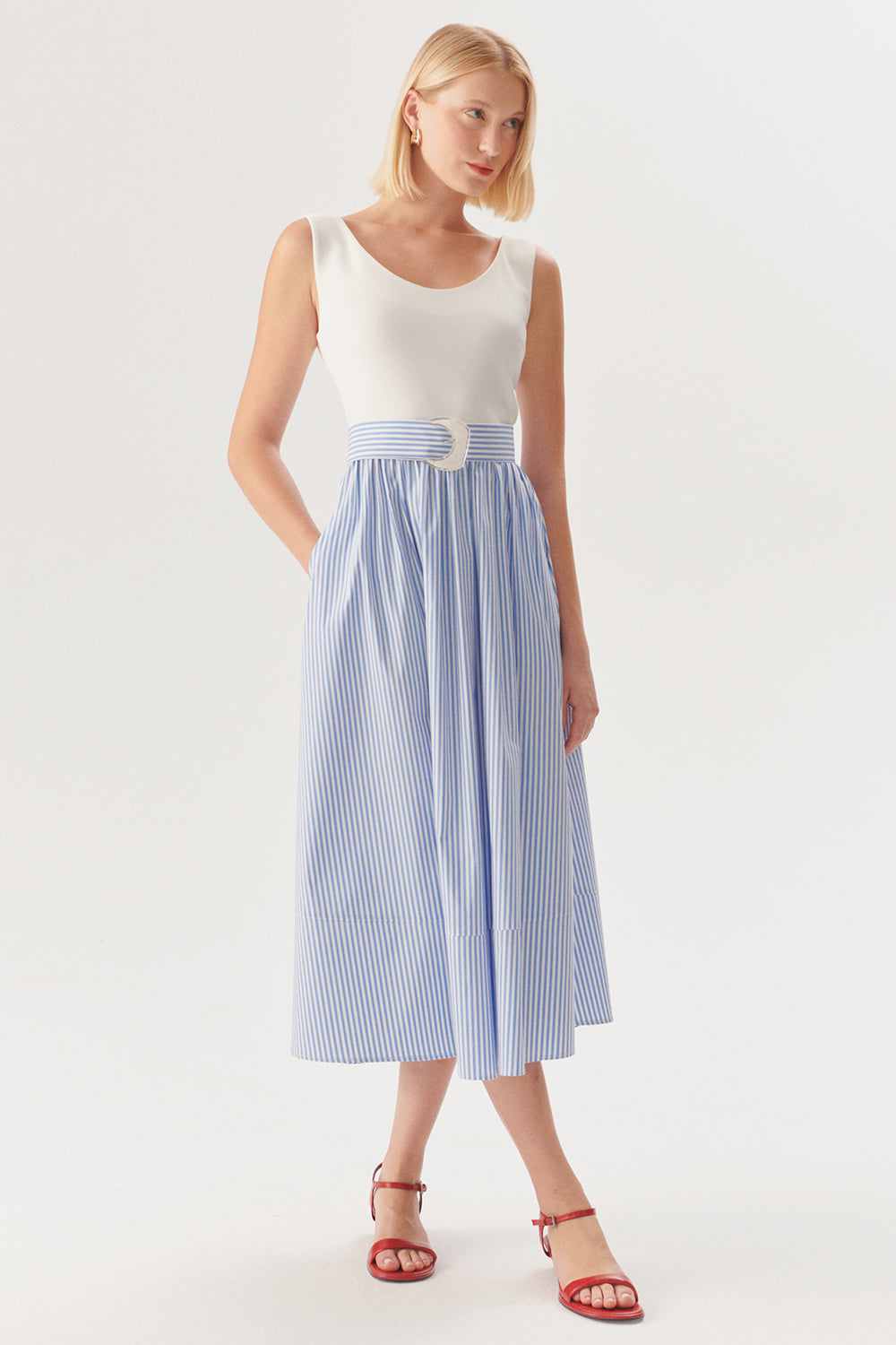 Belted Striped Regular Fit Midi Dress - Blue