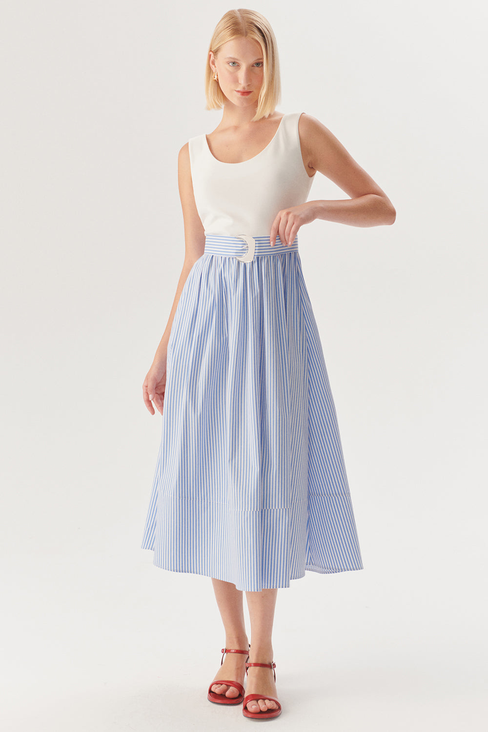 Belted Striped Regular Fit Midi Dress - Blue