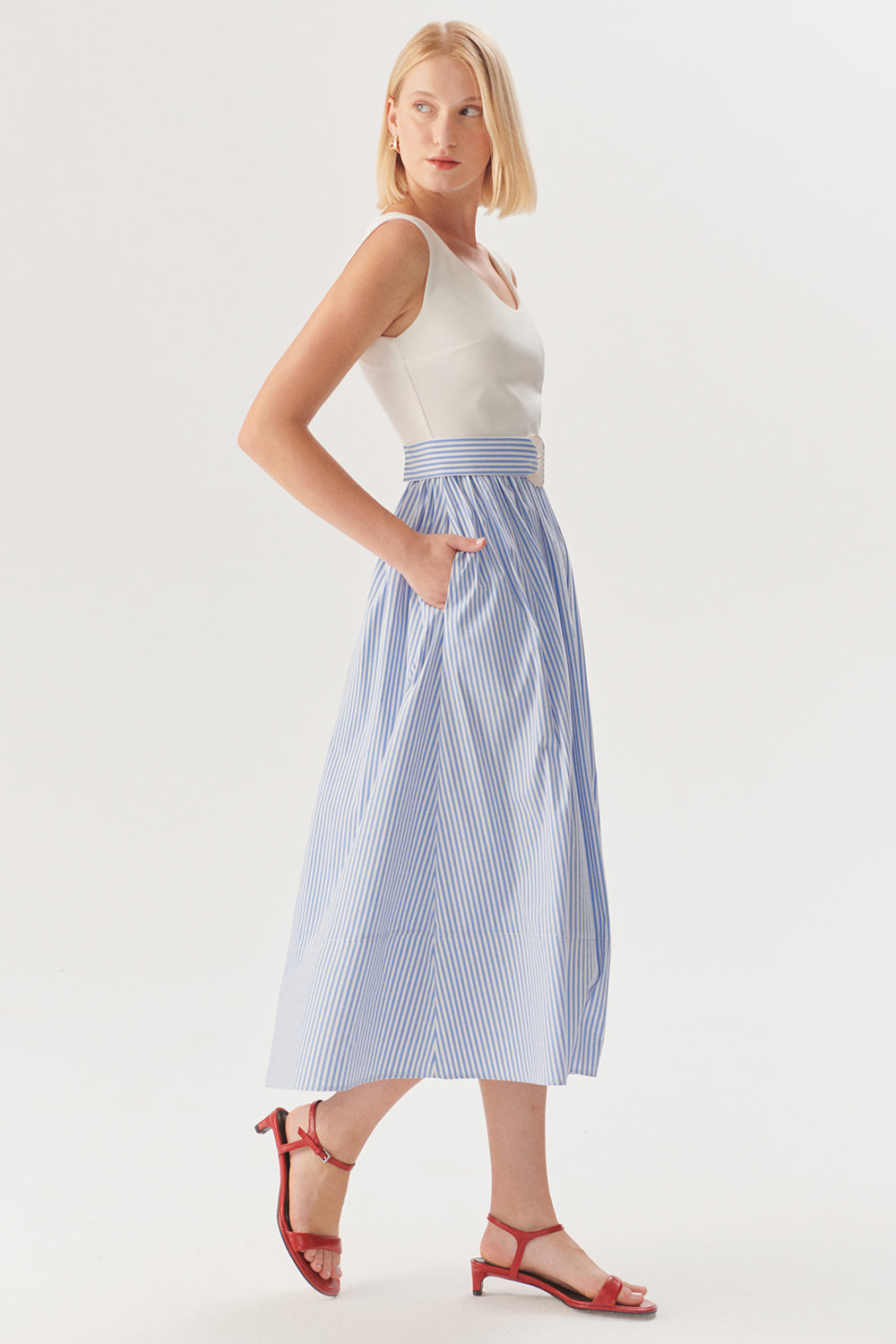 Belted Striped Regular Fit Midi Dress - Blue